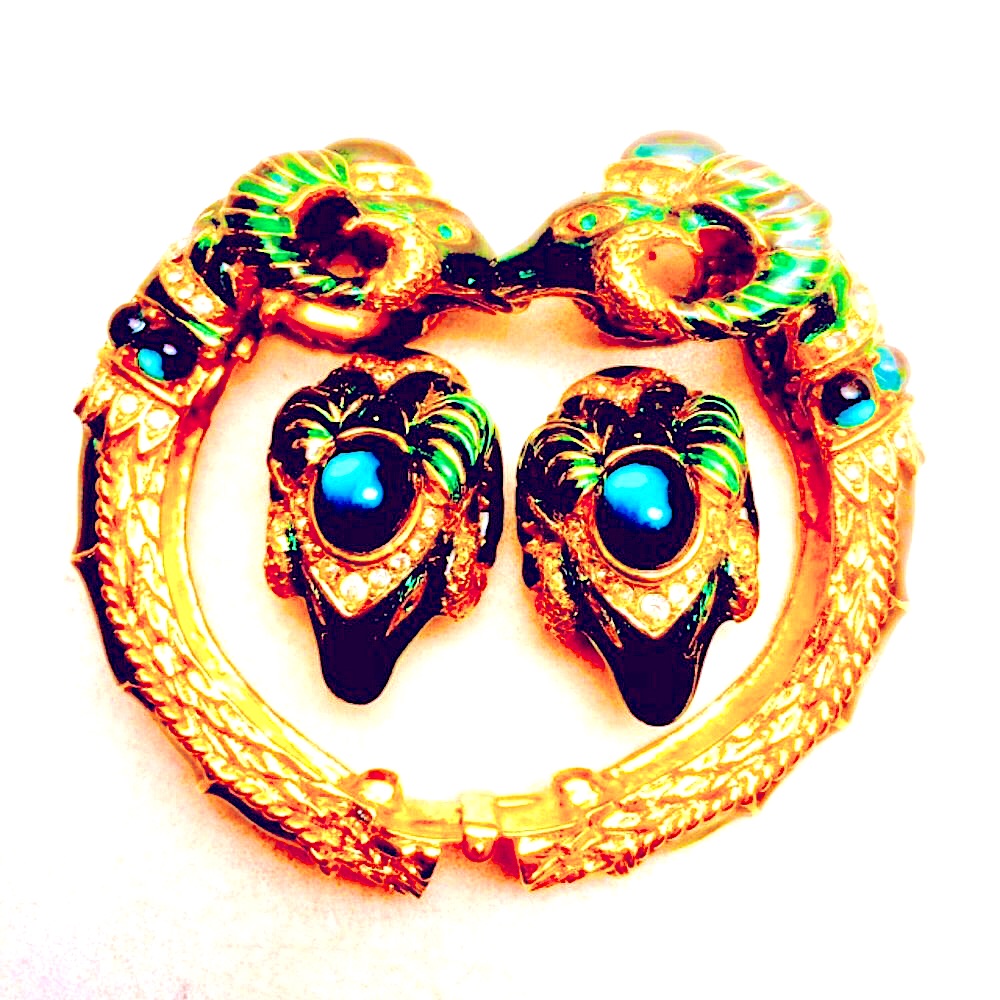 Vtg Craft Ram Bracelet & Earrings Set